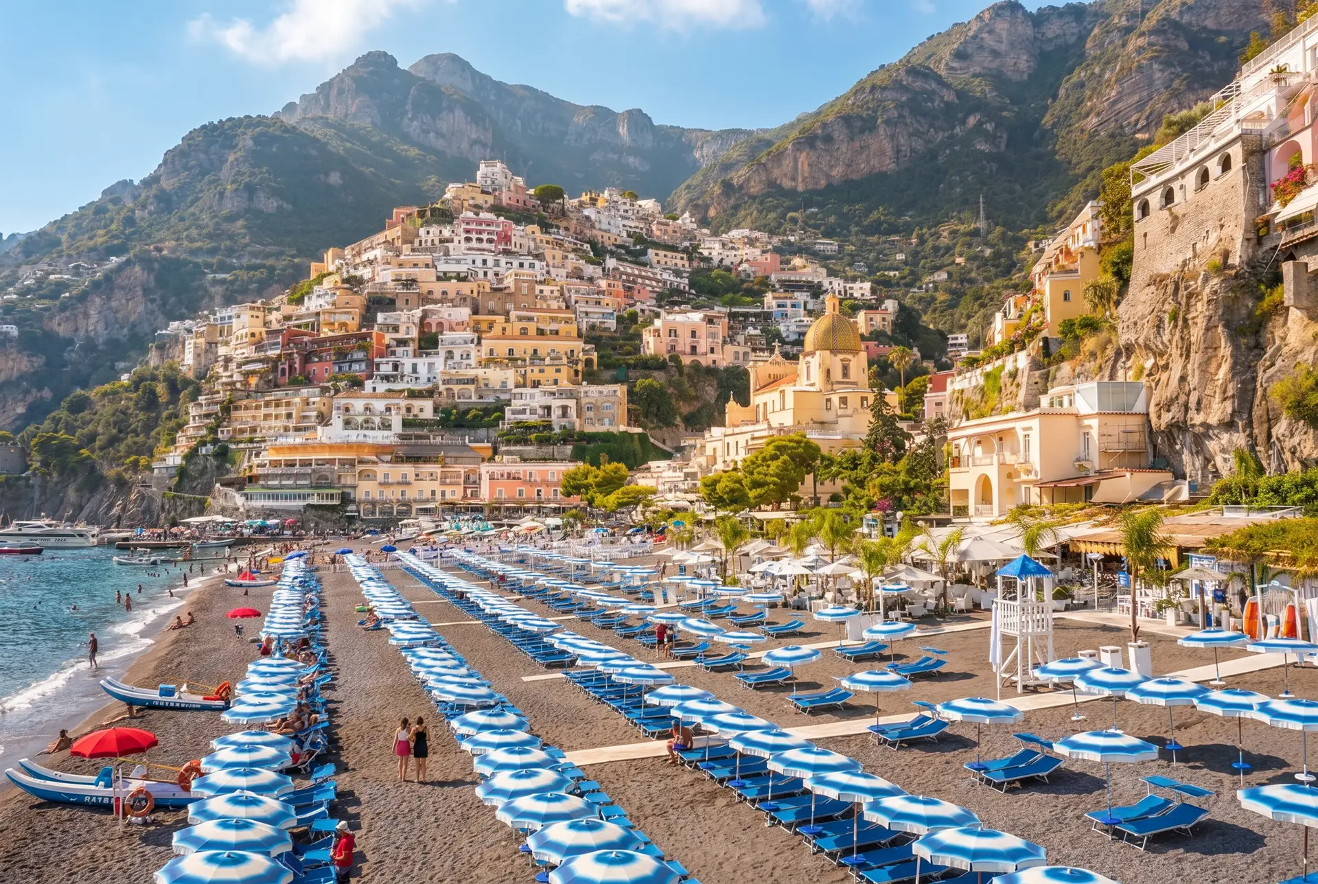 fondo header l'incanto con spiaggia, ombrelloni e postazioni sulla spiaggia con veduta di positano sul retro